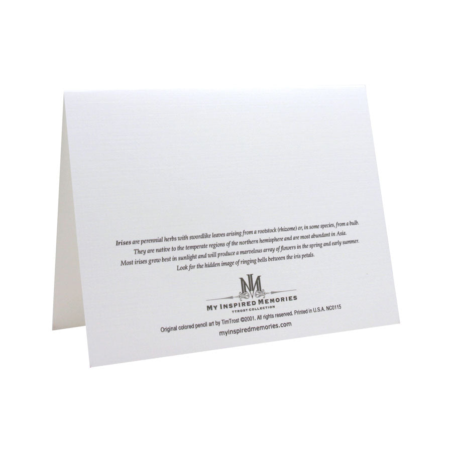 Back of notecard which features information about the Iris flower.